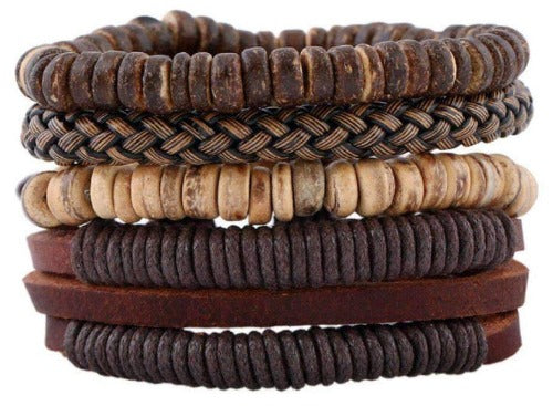 Boho Braided Coconut Shell, Hemp And Leather Multilayer Bracelet Set Brown