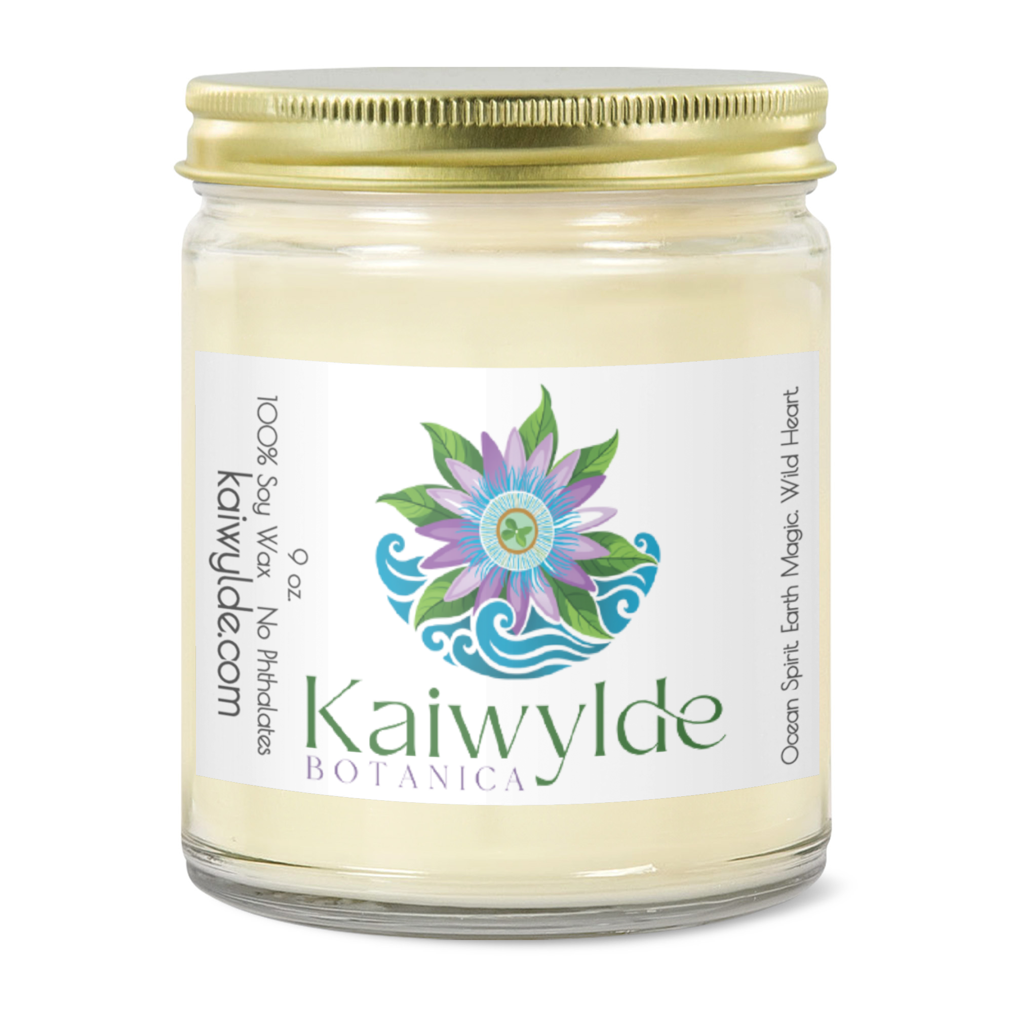 Kaiwylde Botanica 9oz Clear Jar Candle | 3"x2" White Label | Gold Lid