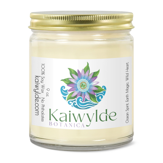 Kaiwylde Botanica 9oz Clear Jar Candle | 3"x2" White Label | Gold Lid