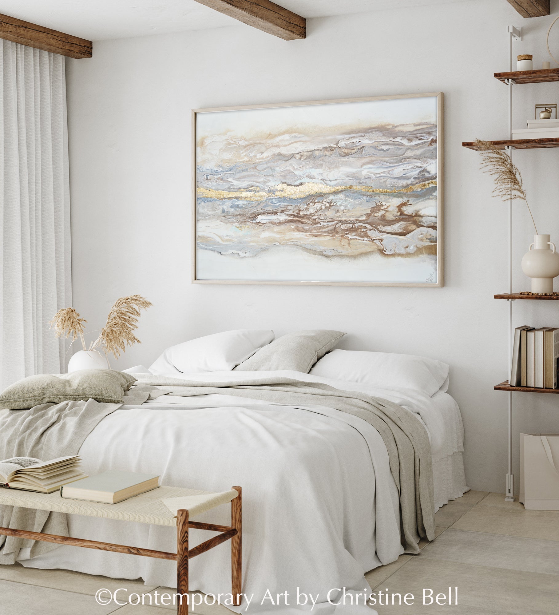 "Ingrained in My Soul" GICLÉE PRINT FRAMED CANVAS Art Abstract Painting Neutral White Beige Gold Leaf Marbled Coastal