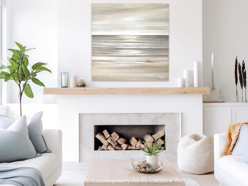 "Solo Reflections" GICLÉE PRINT Coastal Abstract Ocean Beach Painting, Neutral Seascape w/ Seagull