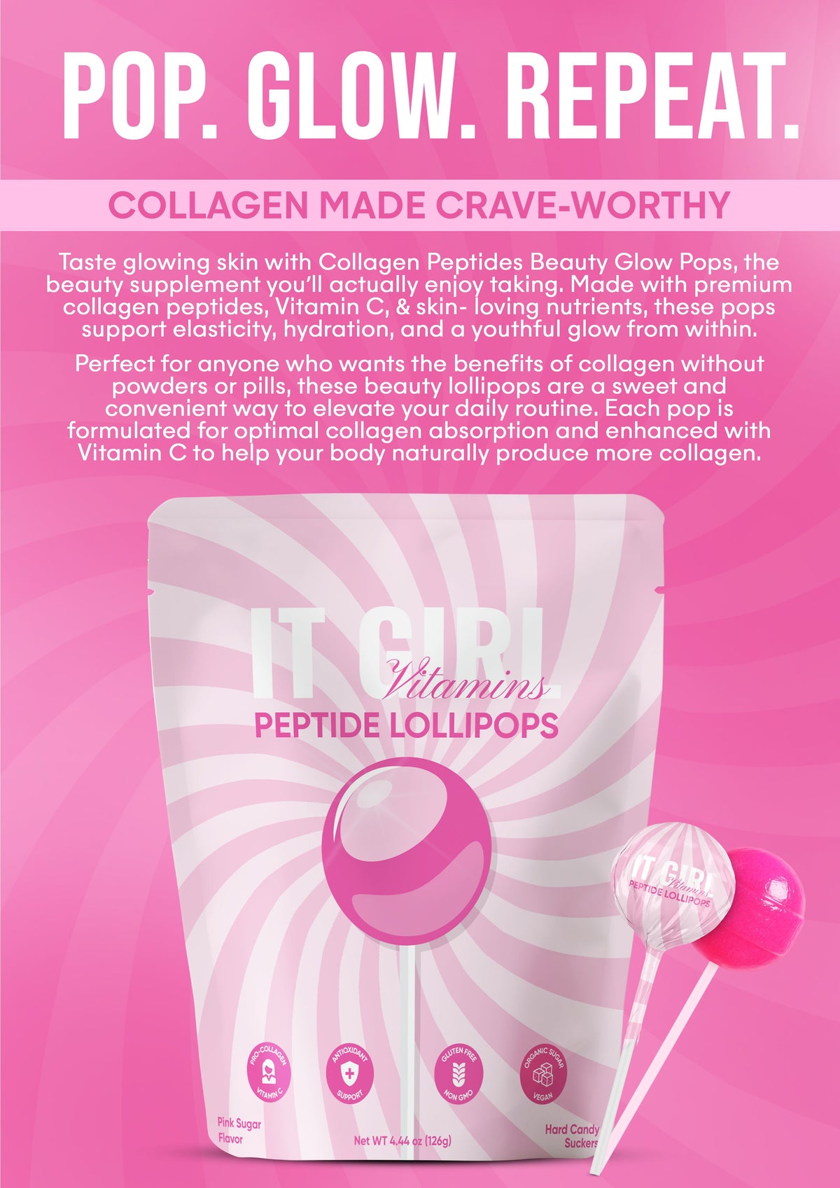 It Girl Beauty Lollipops - Collagen Peptides & Vitamin C Healthy Candy for Skin, Hair, Nails