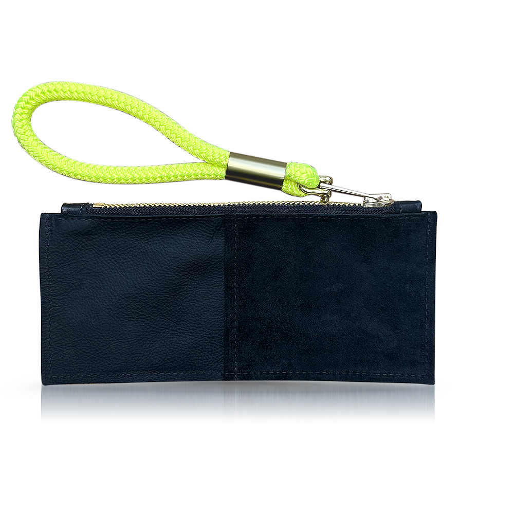Leather Clutch + Rope Wristlet // in Black Leather Neon Yellow
