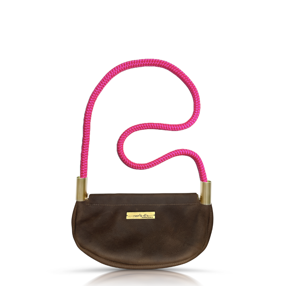 Clam Shell Bag // in Brown Leather Neon Pink Shoulder (35") Handbag Only