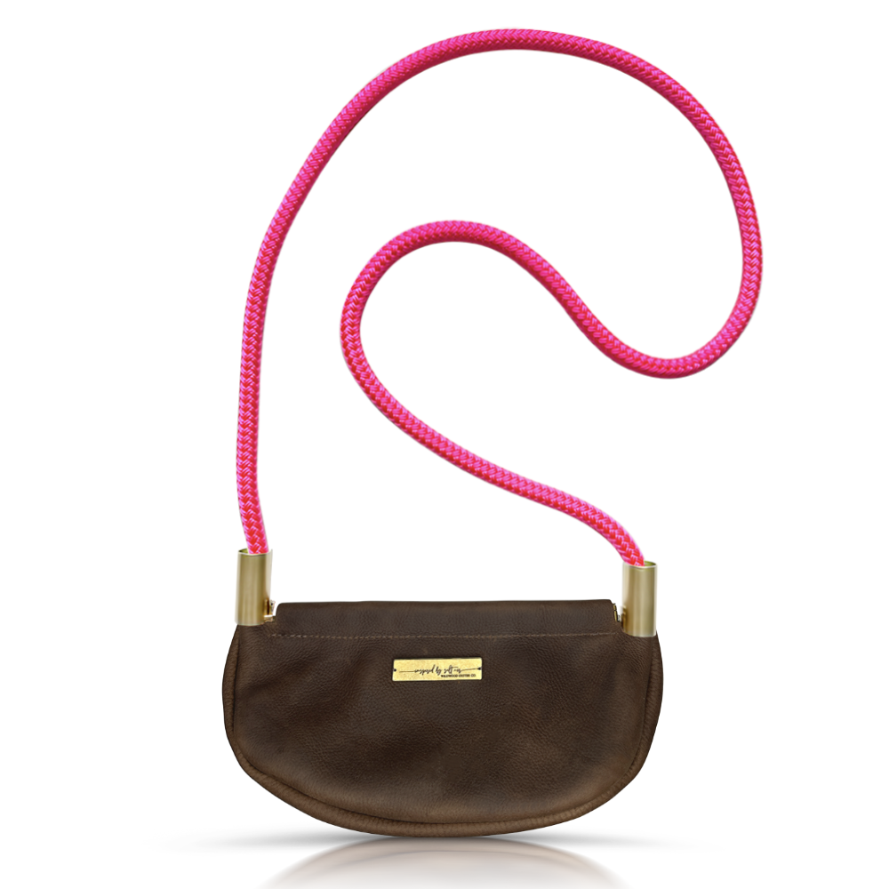 Clam Shell Bag // in Brown Leather Neon Pink Handbag Only