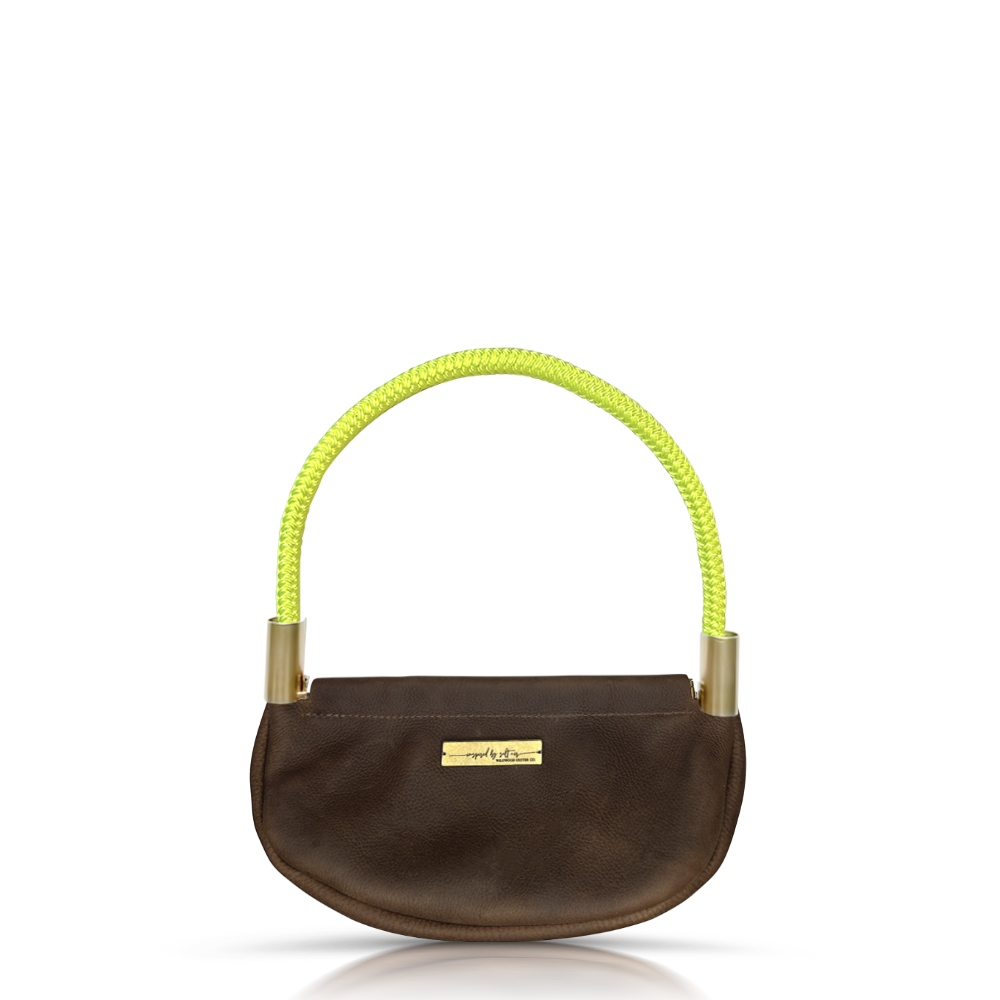 Clam Shell Bag // in Brown Leather Neon Yellow Wrist (19") Handbag Only