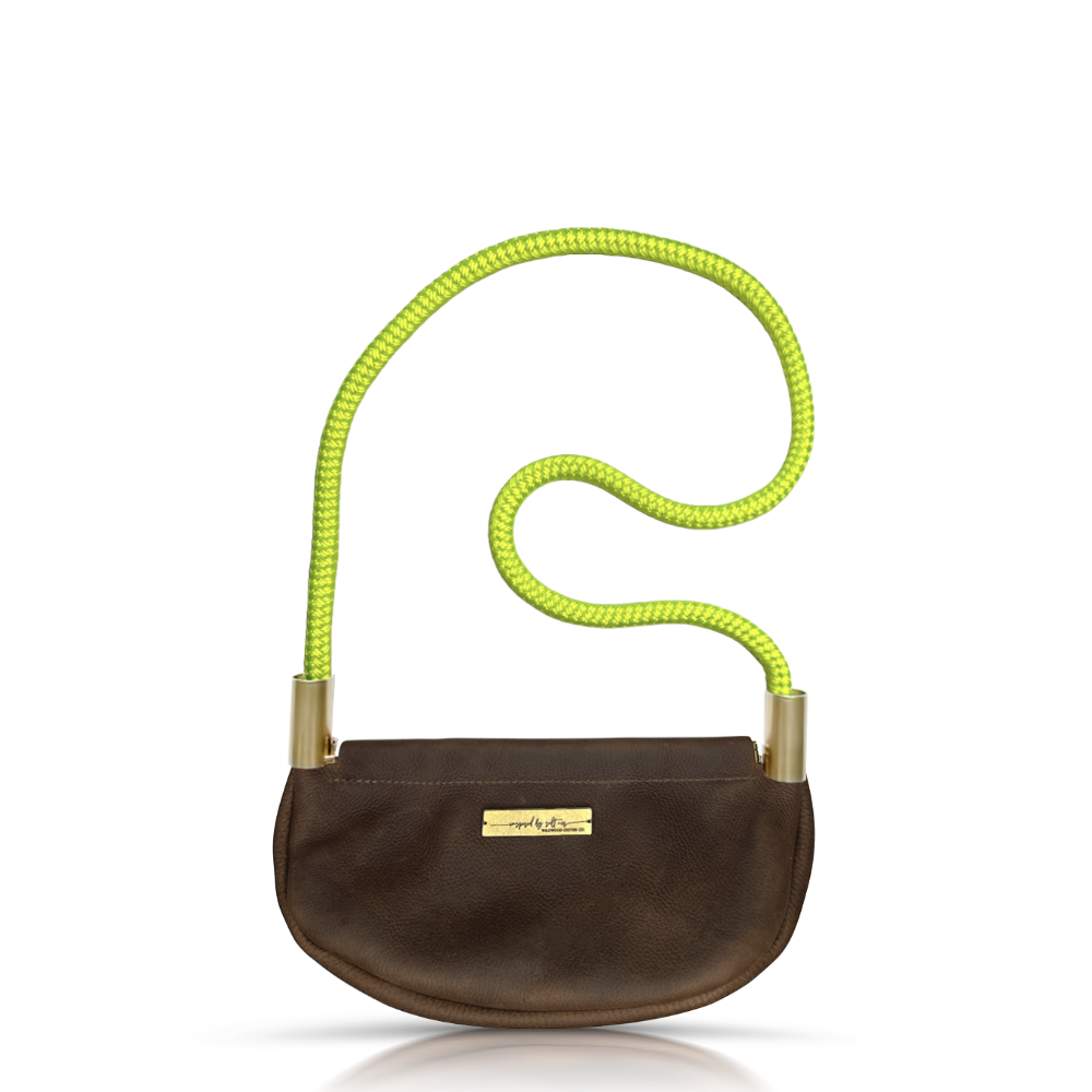 Clam Shell Bag // in Brown Leather Neon Yellow Shoulder (35") Handbag Only