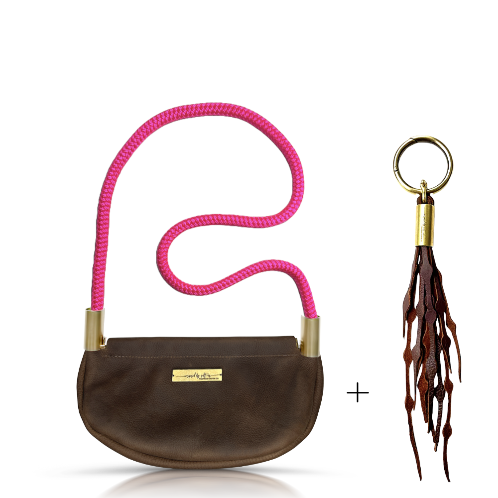 Clam Shell Bag // in Brown Leather Neon Pink Shoulder (35") Add a Matching Seaweed Tassel (save $10)