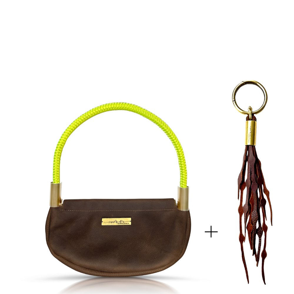 Clam Shell Bag // in Brown Leather Neon Yellow Wrist (19") Add a Matching Seaweed Tassel (save $10)