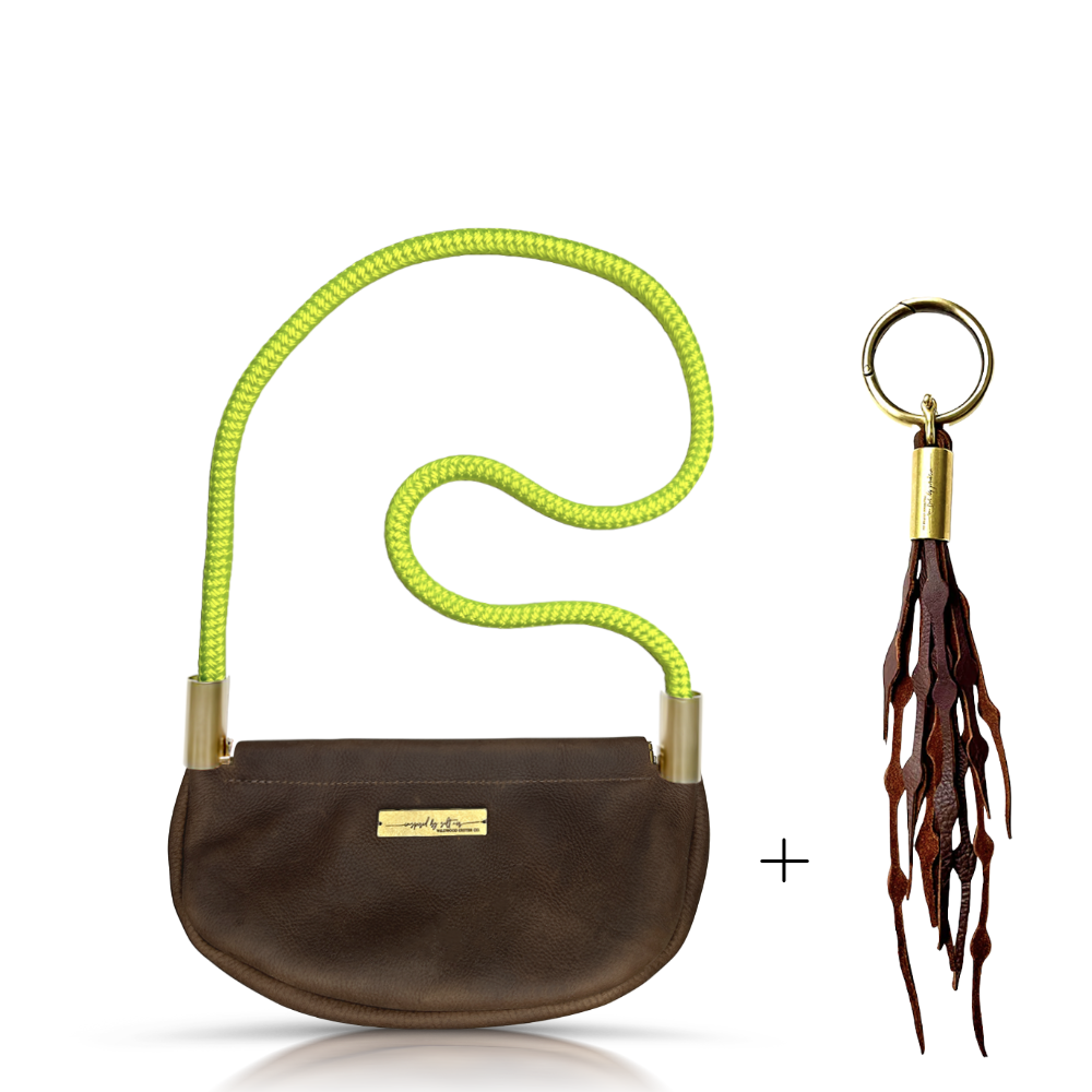 Clam Shell Bag // in Brown Leather Neon Yellow Shoulder (35") Add a Matching Seaweed Tassel (save $10)