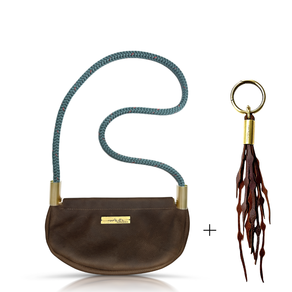 Clam Shell Bag // in Brown Leather Seaside Teal Shoulder (35") Add a Matching Seaweed Tassel (save $10)