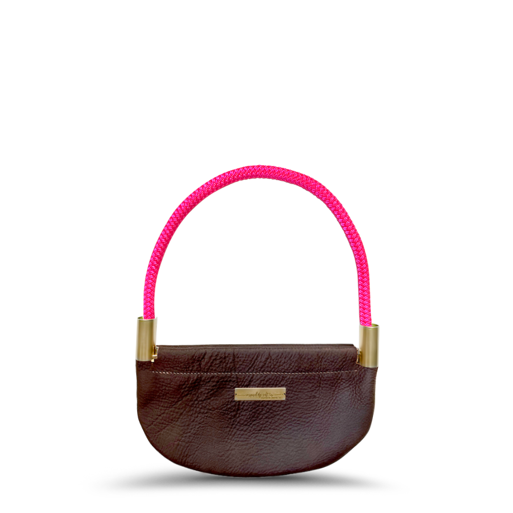 Oyster Shell Bag // in Brown Leather Neon Pink Wrist (19") Handbag Only