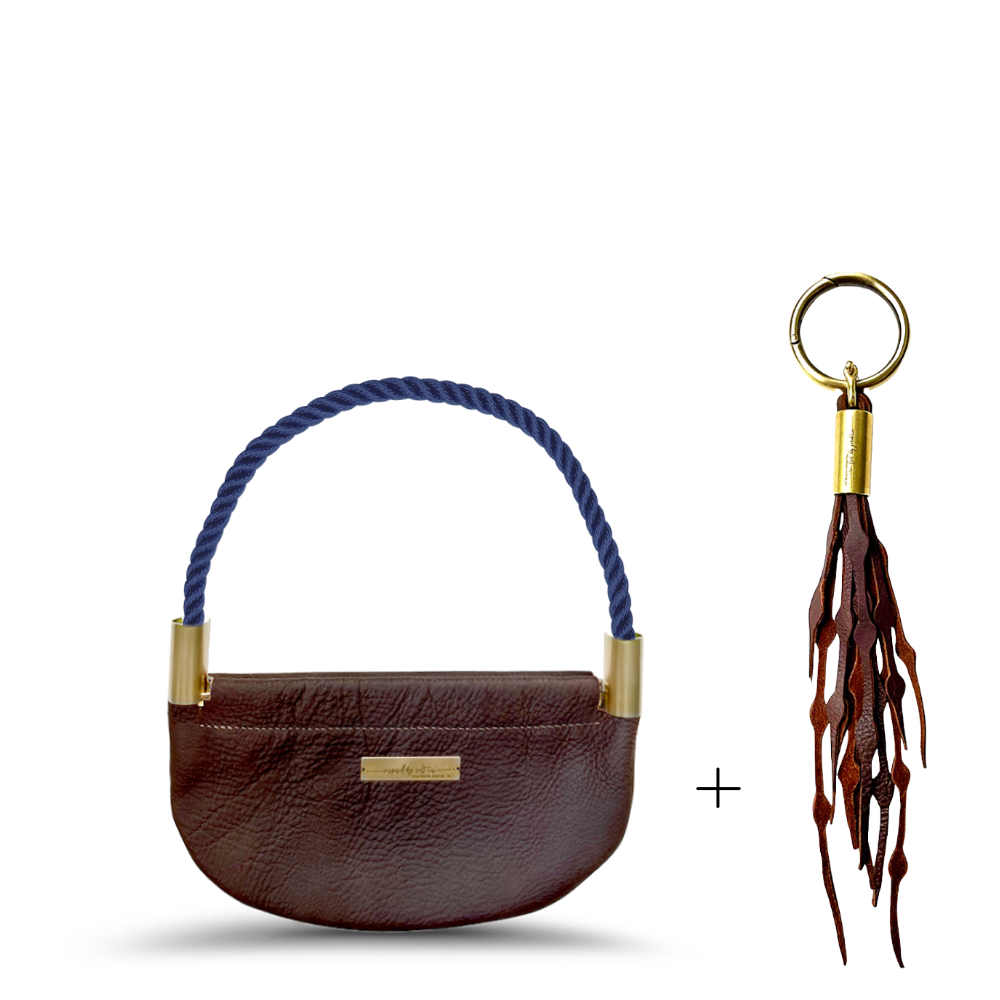 Oyster Shell Bag // in Brown Leather New England Navy Wrist (19") Add a Matching Seaweed Tassel (save $10)