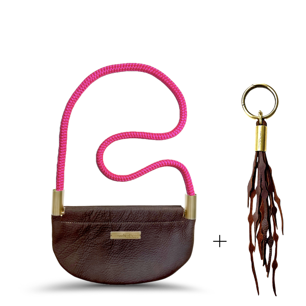 Oyster Shell Bag // in Brown Leather Neon Pink Shoulder (35") Add a Matching Seaweed Tassel (save $10)