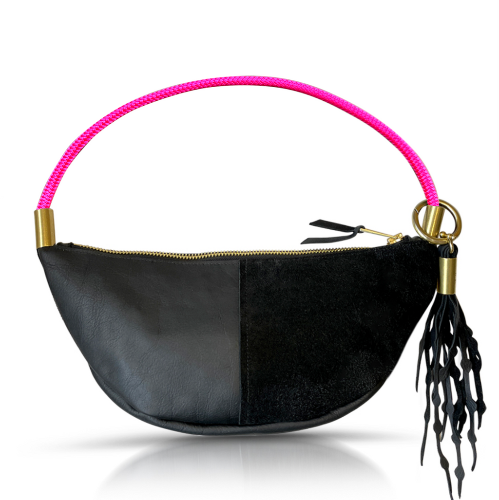 Sling Bag // in Black Leather Neon Pink Short Shoulder (25”) Add a Matching Seaweed Tassel (save $10)