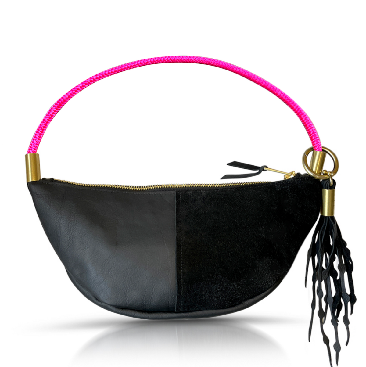 Sling Bag // in Black Leather Neon Pink Short Shoulder (25”) Add a Matching Seaweed Tassel (save $10)