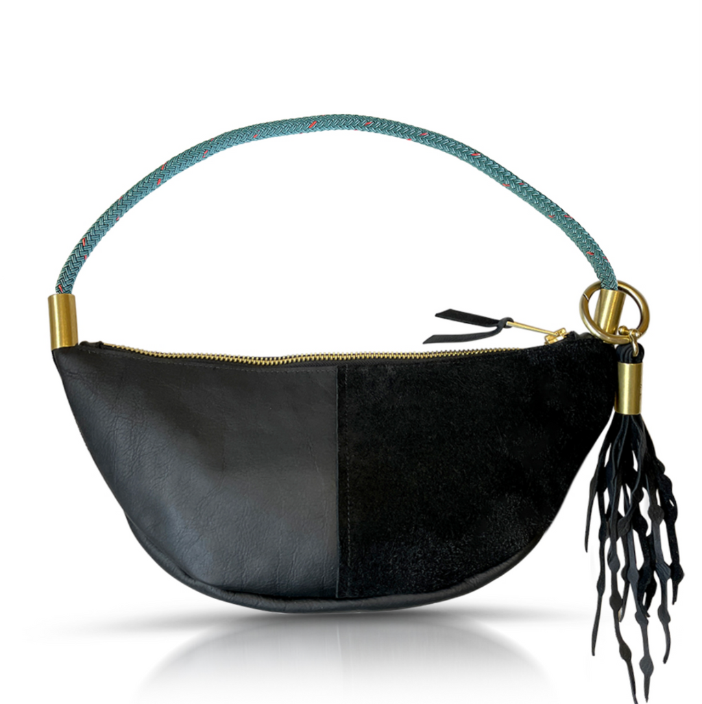 Sling Bag // in Black Leather Seaside Teal Short Shoulder (25”) Add a Matching Seaweed Tassel (save $10)