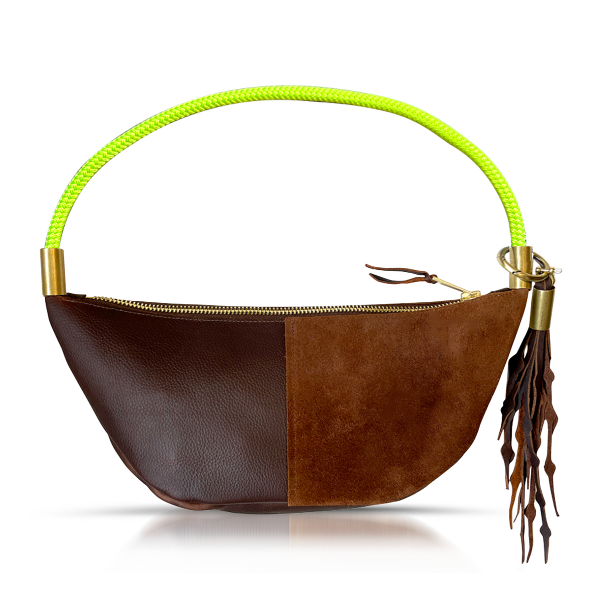 Sling Bag // in Brown Leather Neon Yellow Short Shoulder (25”) Add a Matching Seaweed Tassel (save $10)