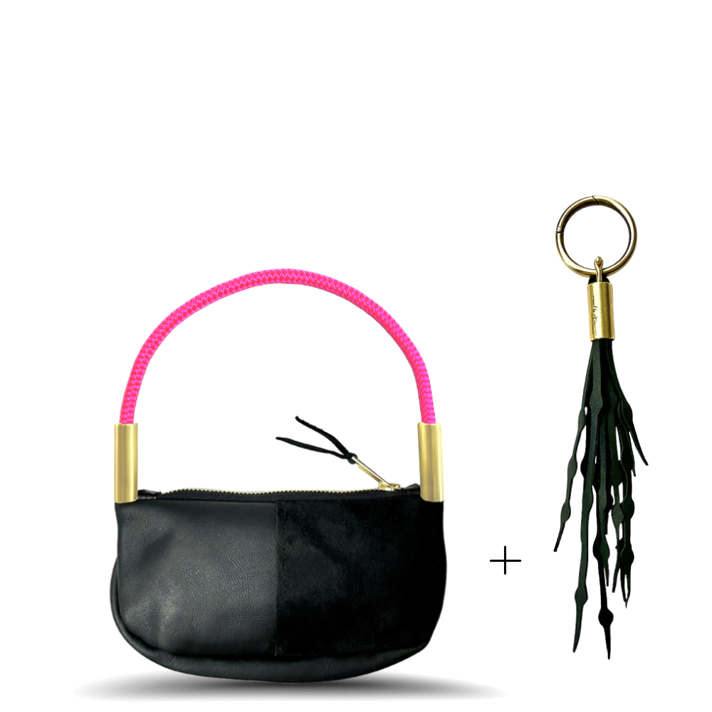 Zip Crossbody // in Black Leather Neon Pink Wrist (19") Add a Matching Seaweed Tassel (save $10)