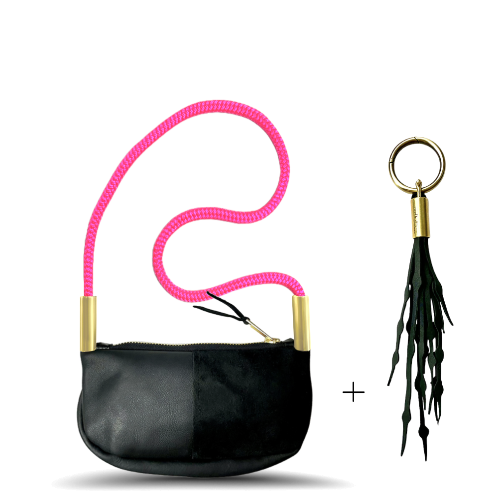 Zip Crossbody // in Black Leather Neon Pink Shoulder (35") Add a Matching Seaweed Tassel (save $10)