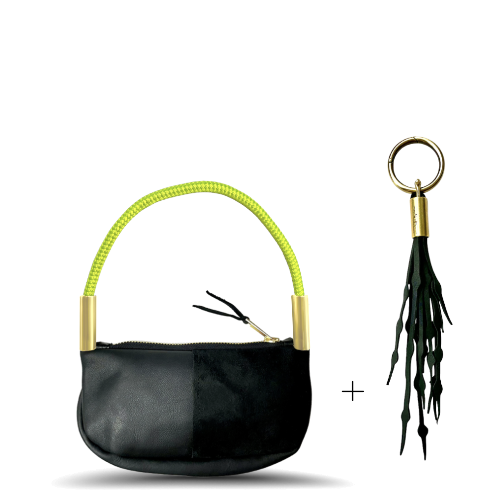 Zip Crossbody // in Black Leather Neon Yellow Wrist (19") Add a Matching Seaweed Tassel (save $10)