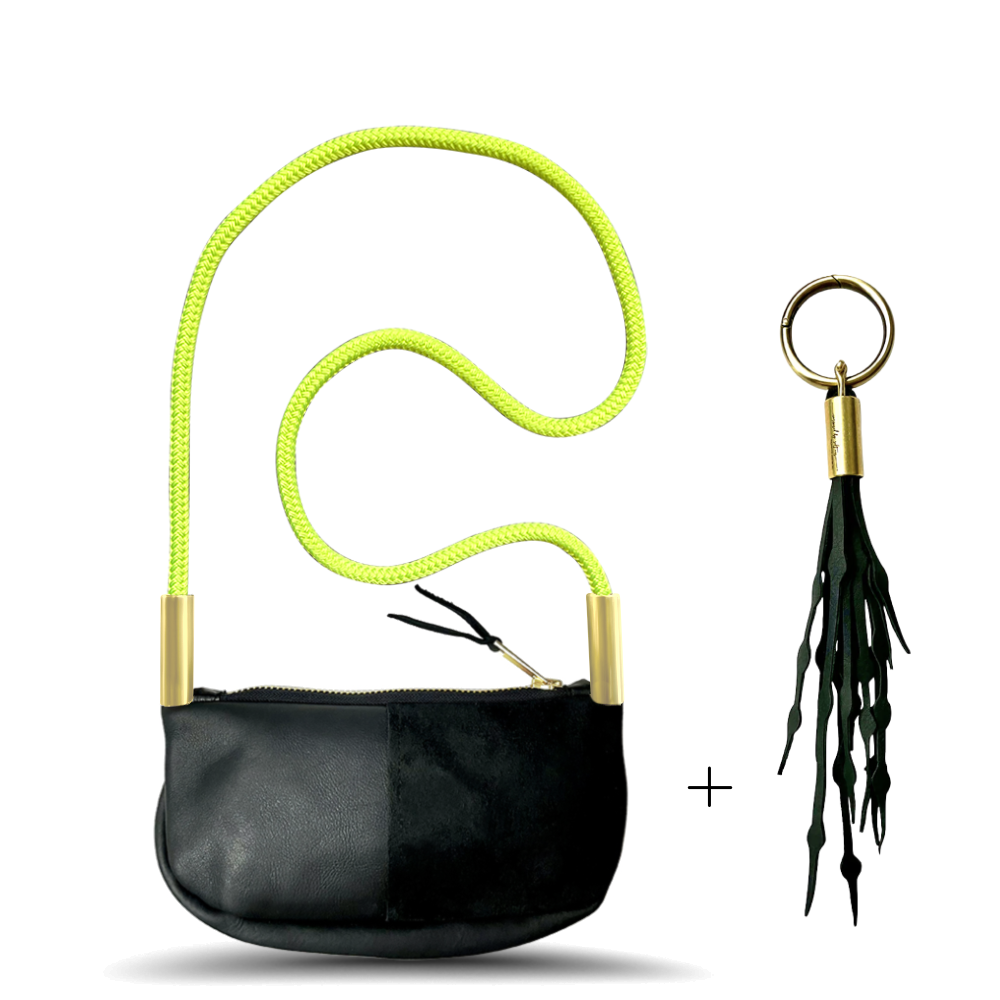 Zip Crossbody // in Black Leather Neon Yellow Add a Matching Seaweed Tassel (save $10)
