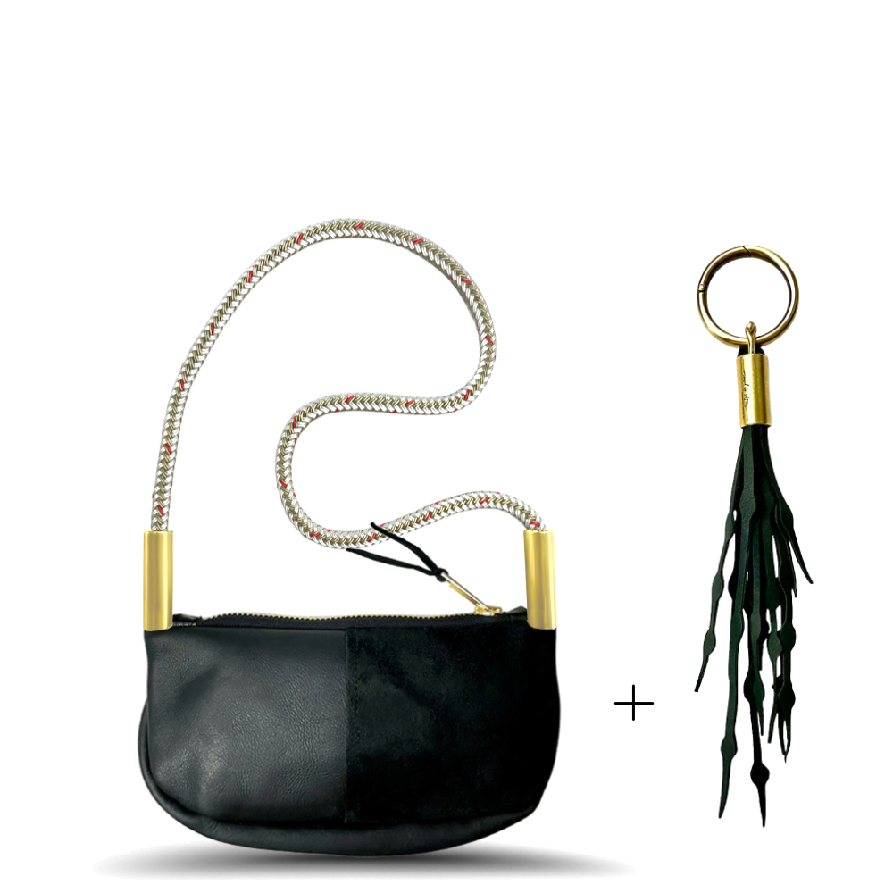 Zip Crossbody // in Black Leather Oyster Shell Gold Shoulder (35") Add a Matching Seaweed Tassel (save $10)