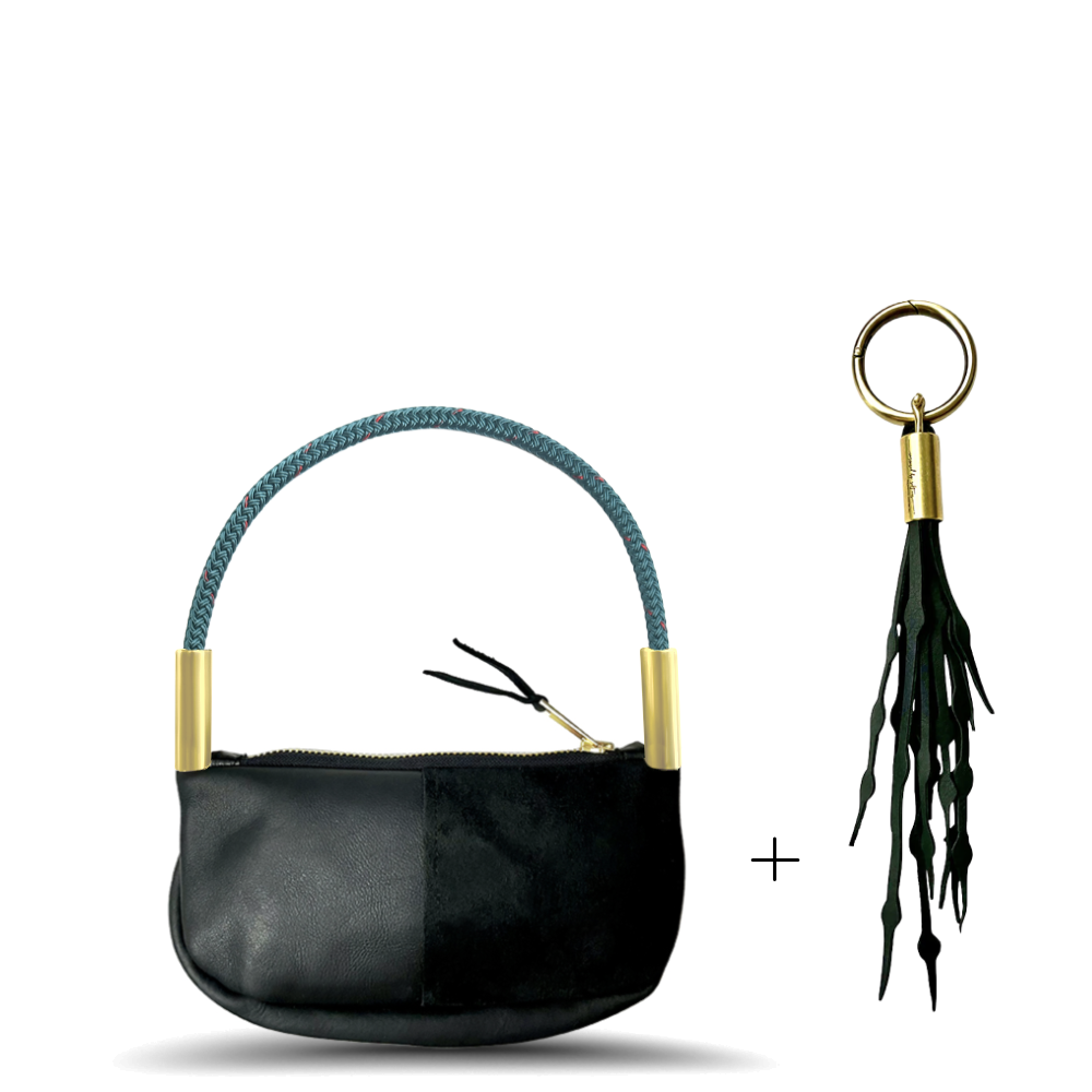 Zip Crossbody // in Black Leather Seaside Teal Wrist (19") Add a Matching Seaweed Tassel (save $10)