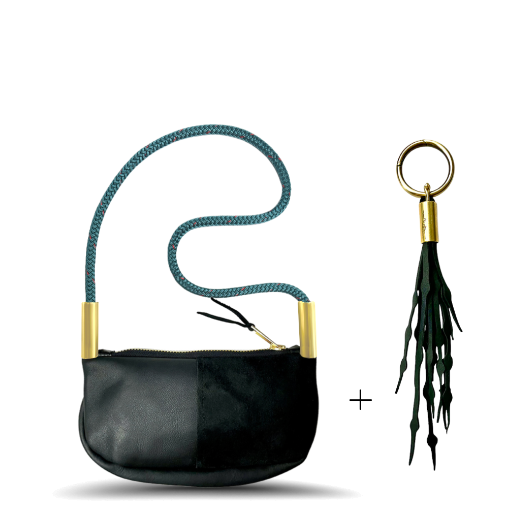 Zip Crossbody // in Black Leather Seaside Teal Shoulder (35") Add a Matching Seaweed Tassel (save $10)