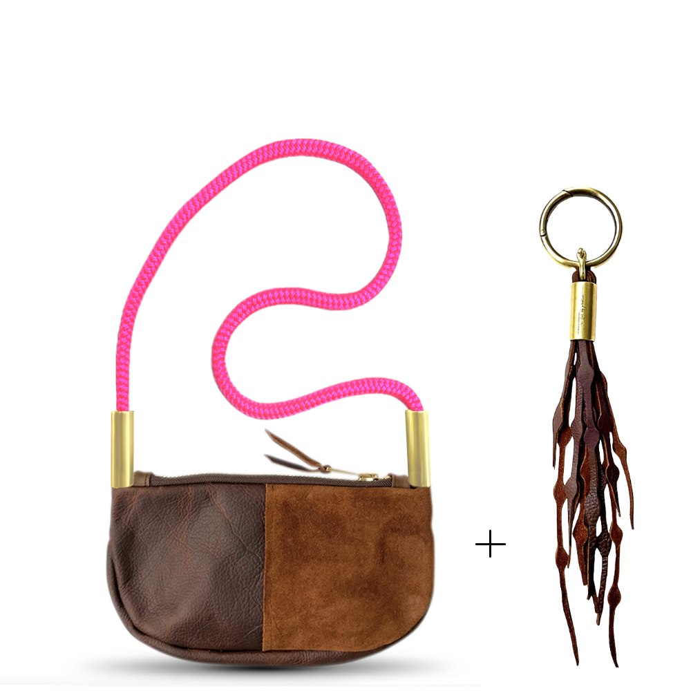 Zip Crossbody // in Brown Leather Neon Pink Shoulder (35") Add a Matching Seaweed Tassel (save $10)