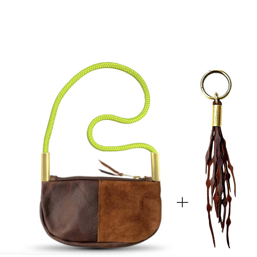 Zip Crossbody // in Brown Leather Neon Yellow Shoulder (35") Add a Matching Seaweed Tassel (save $10)