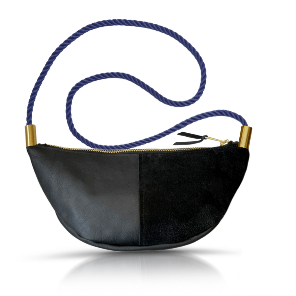Sling Bag // in Black Leather New England Navy Custom Length Handbag Only