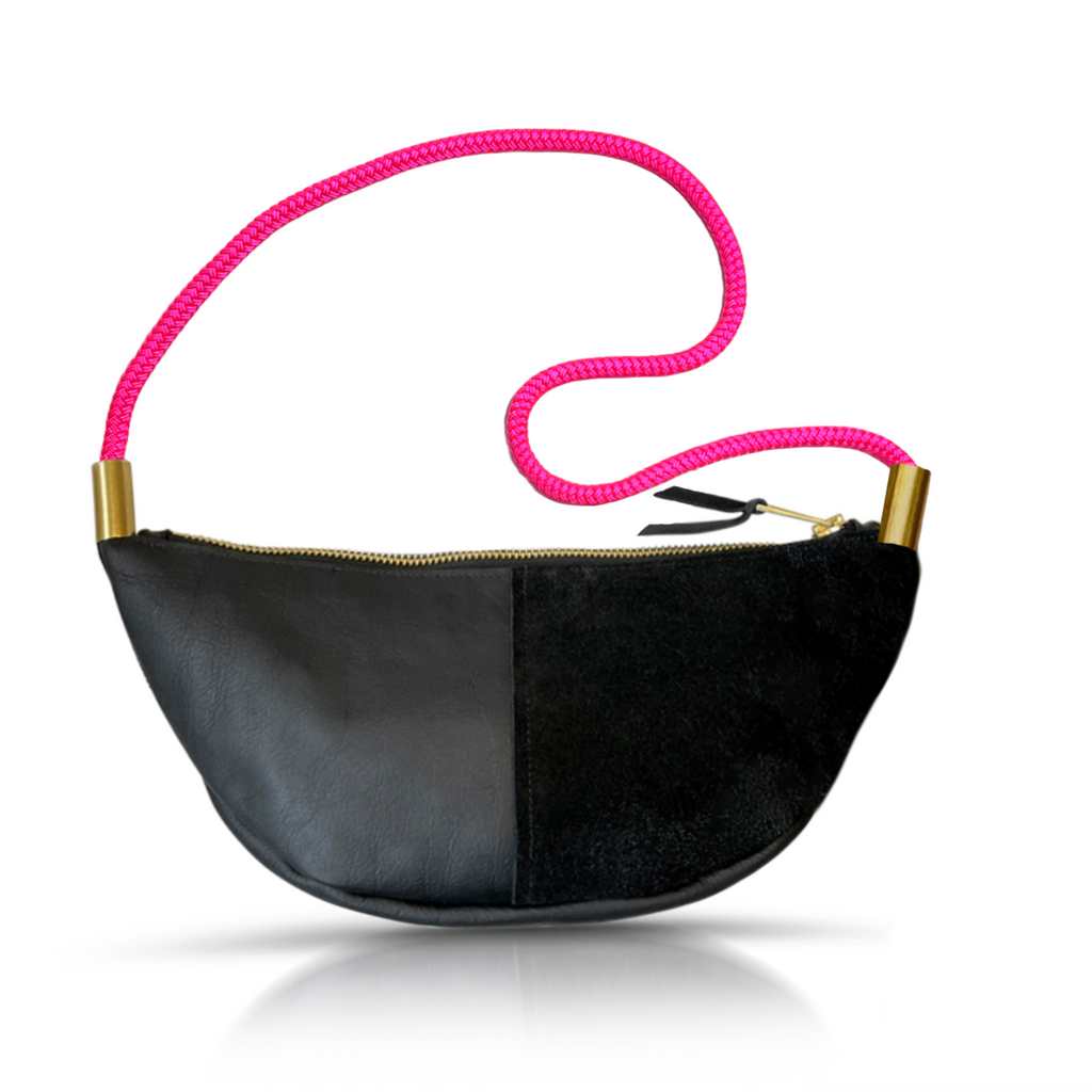 Sling Bag // in Black Leather Neon Pink Long Shoulder (35”) Handbag Only