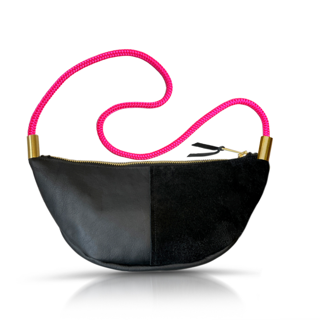 Sling Bag // in Black Leather Neon Pink Short Crossbody (40”) Handbag Only