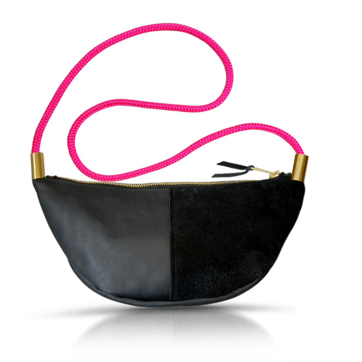 Sling Bag // in Black Leather Neon Pink Custom Length Handbag Only