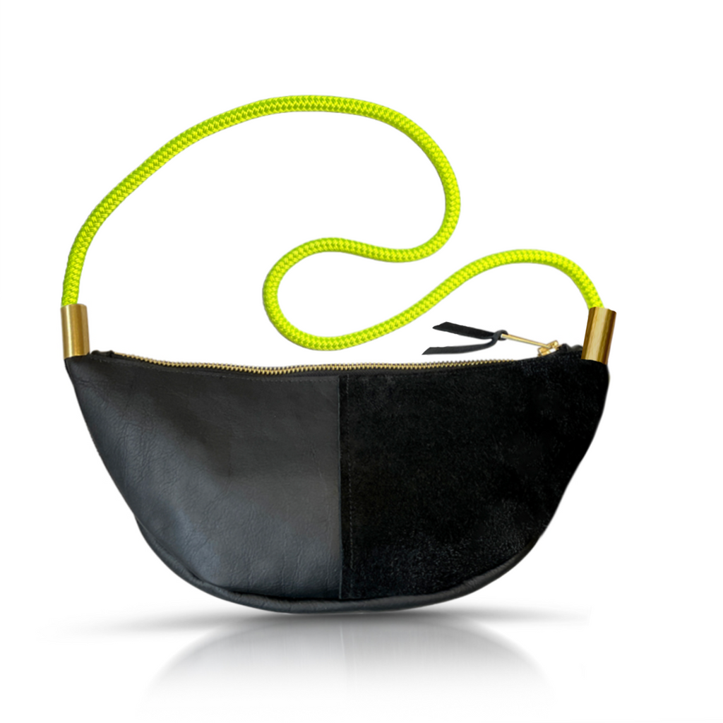 Sling Bag // in Black Leather Neon Yellow Short Crossbody (40”) Handbag Only