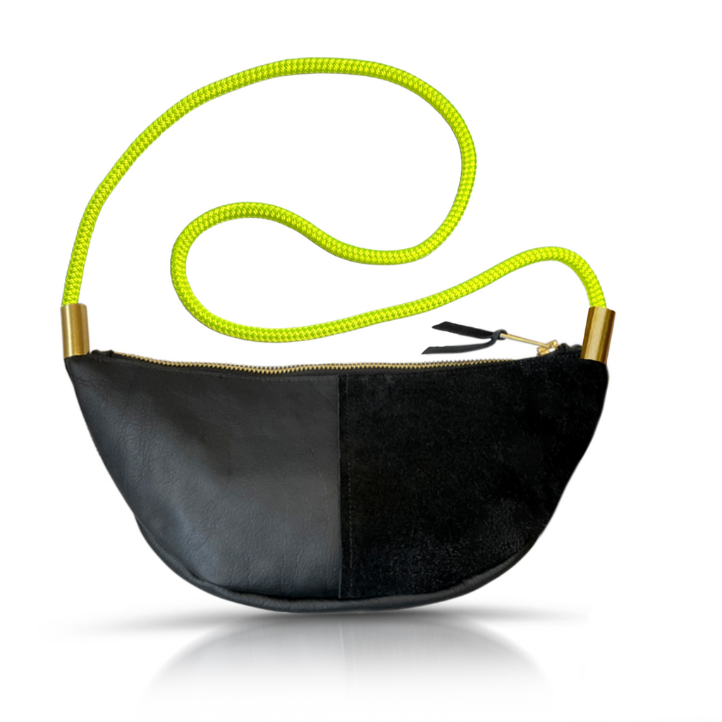 Sling Bag // in Black Leather Neon Yellow Custom Length Handbag Only
