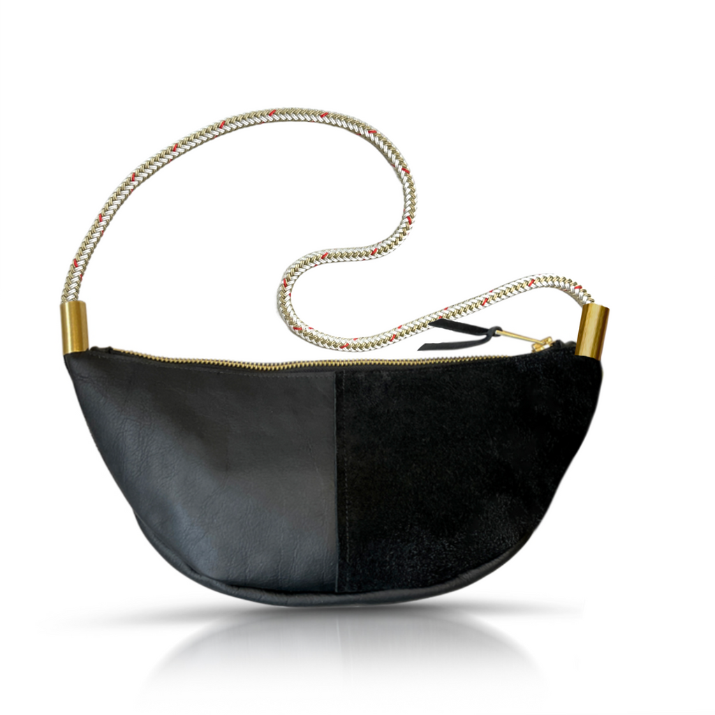 Sling Bag // in Black Leather Oyster Shell Gold Long Shoulder (35”) Handbag Only