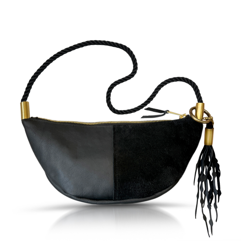 Sling Bag // in Black Leather Summer Night Black Long Shoulder (35”) Add a Matching Seaweed Tassel (save $10)