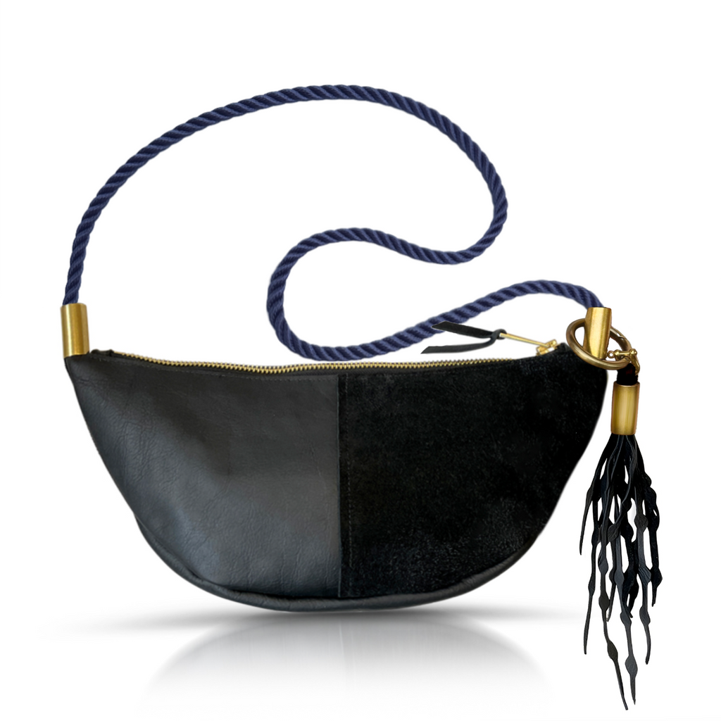 Sling Bag // in Black Leather New England Navy Short Crossbody (40”) Add a Matching Seaweed Tassel (save $10)