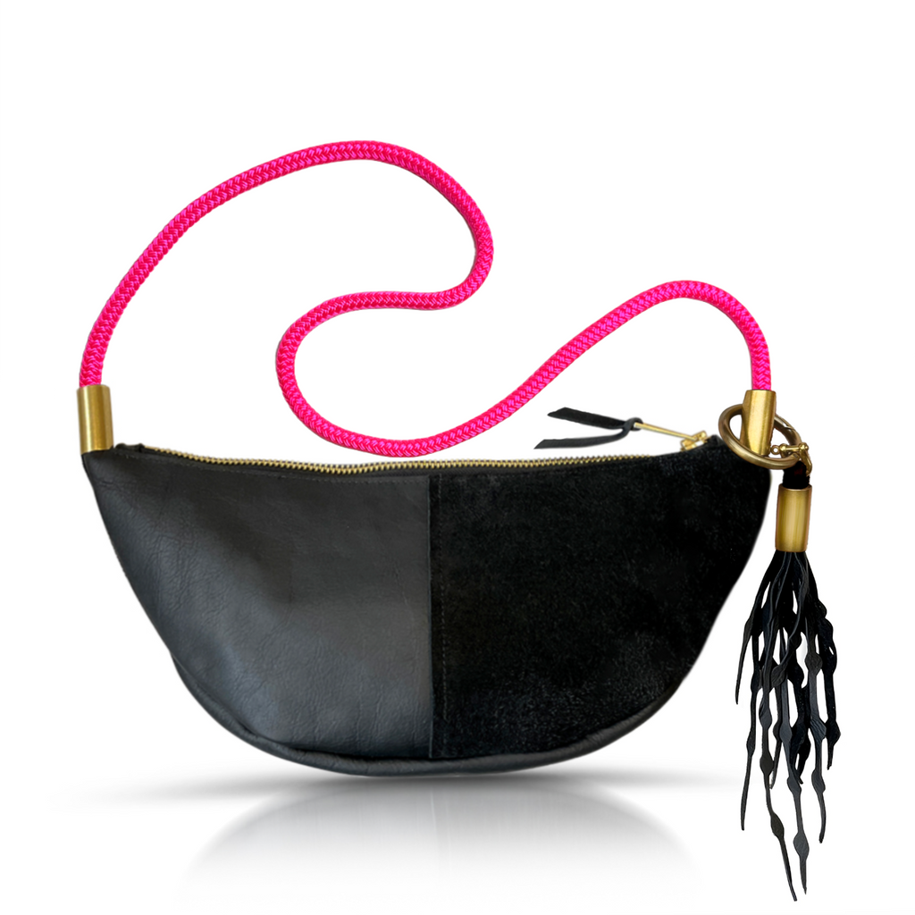 Sling Bag // in Black Leather Neon Pink Short Crossbody (40”) Add a Matching Seaweed Tassel (save $10)
