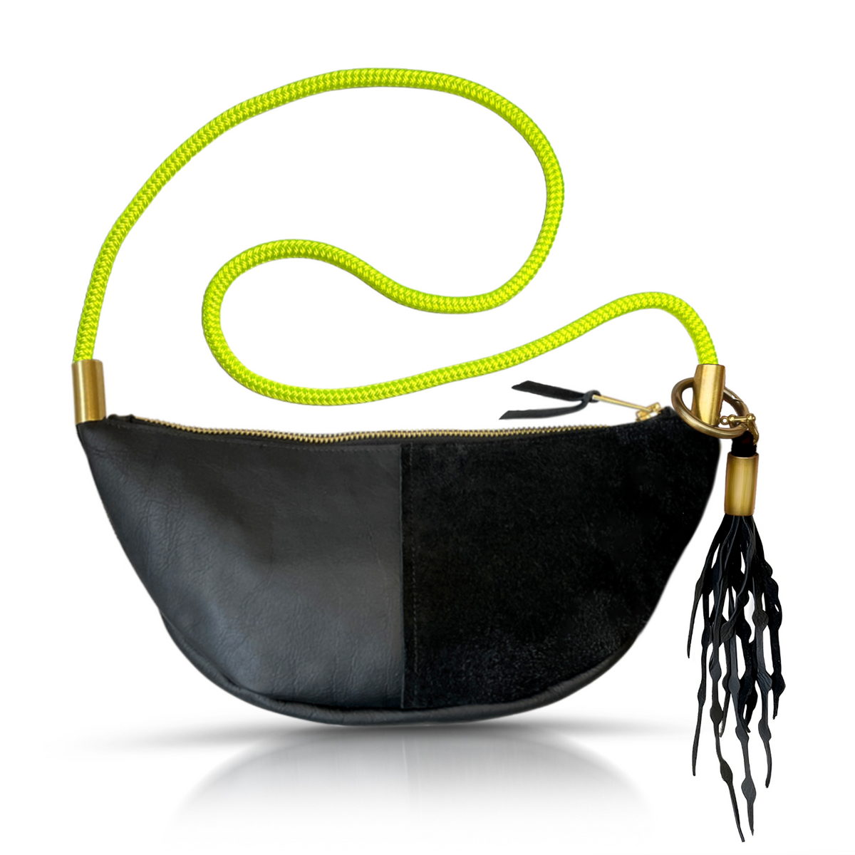 Sling Bag // in Black Leather Neon Yellow Custom Length Add a Matching Seaweed Tassel (save $10)
