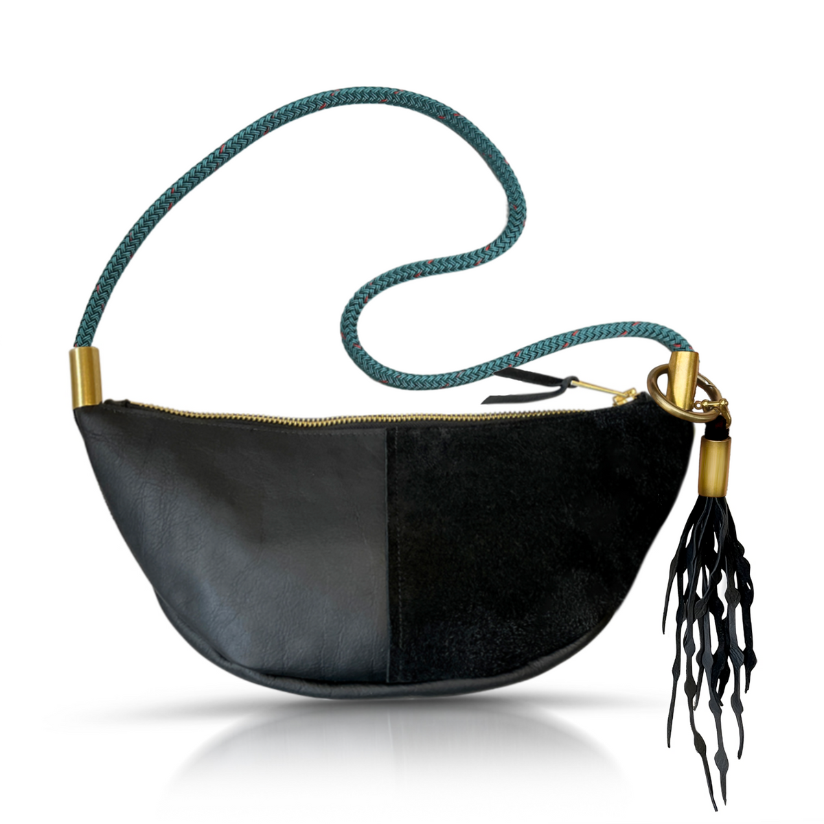 Sling Bag // in Black Leather Seaside Teal Long Shoulder (35”) Add a Matching Seaweed Tassel (save $10)