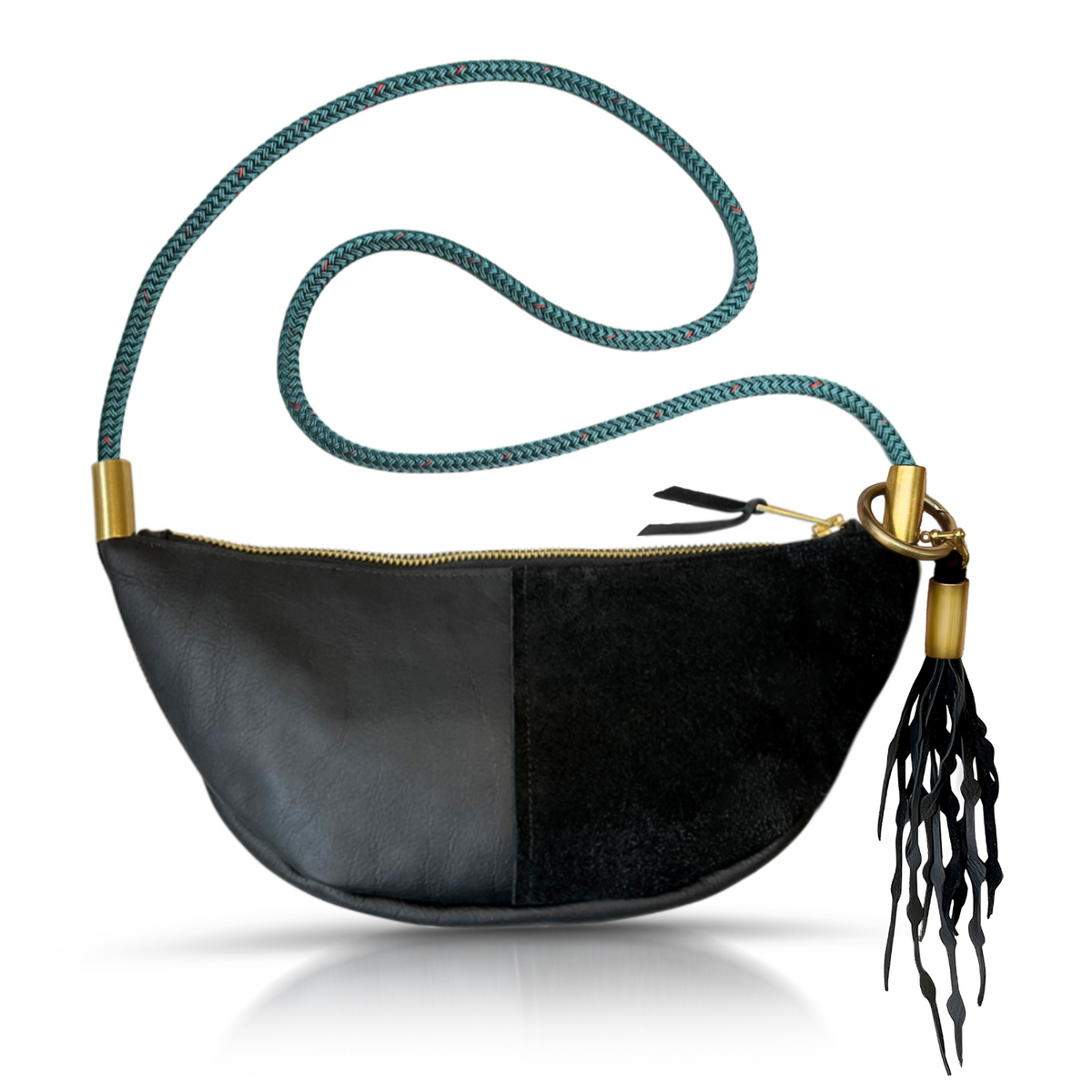 Sling Bag // in Black Leather Seaside Teal Custom Length Add a Matching Seaweed Tassel (save $10)