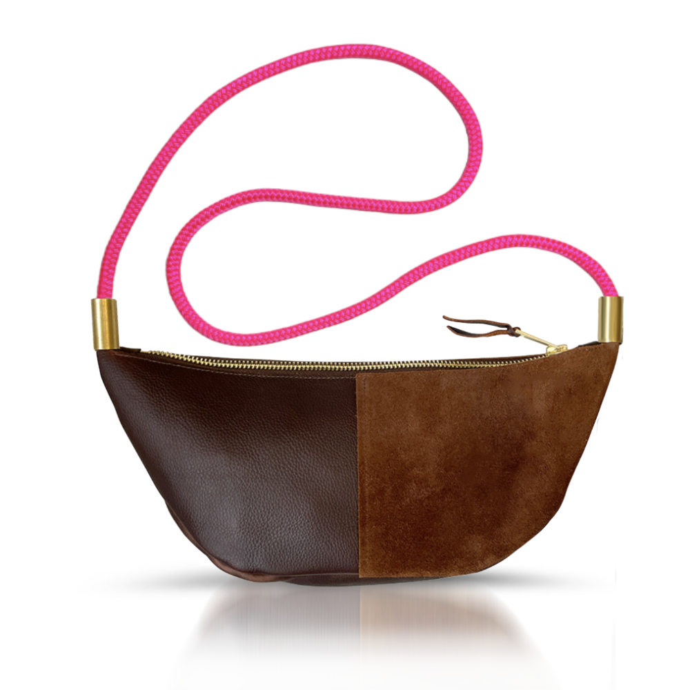 Sling Bag // in Brown Leather Neon Pink Custom Length Handbag Only