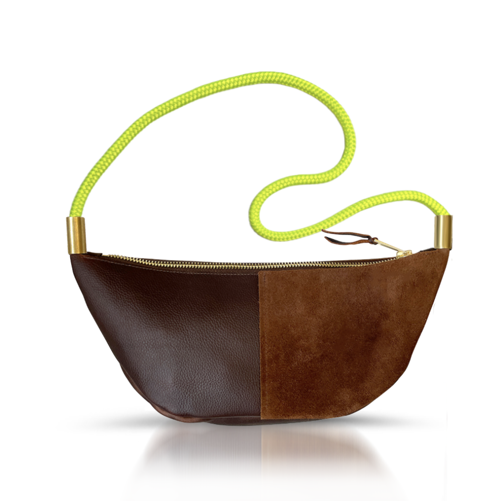 Sling Bag // in Brown Leather Neon Yellow Long Shoulder (35”) Handbag Only