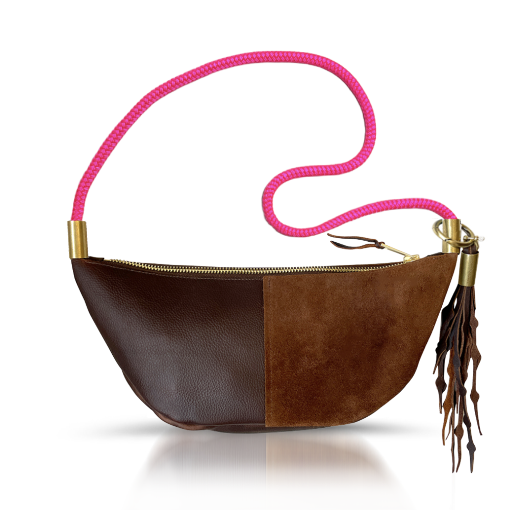 Sling Bag // in Brown Leather Neon Pink Long Shoulder (35”) Add a Matching Seaweed Tassel (save $10)