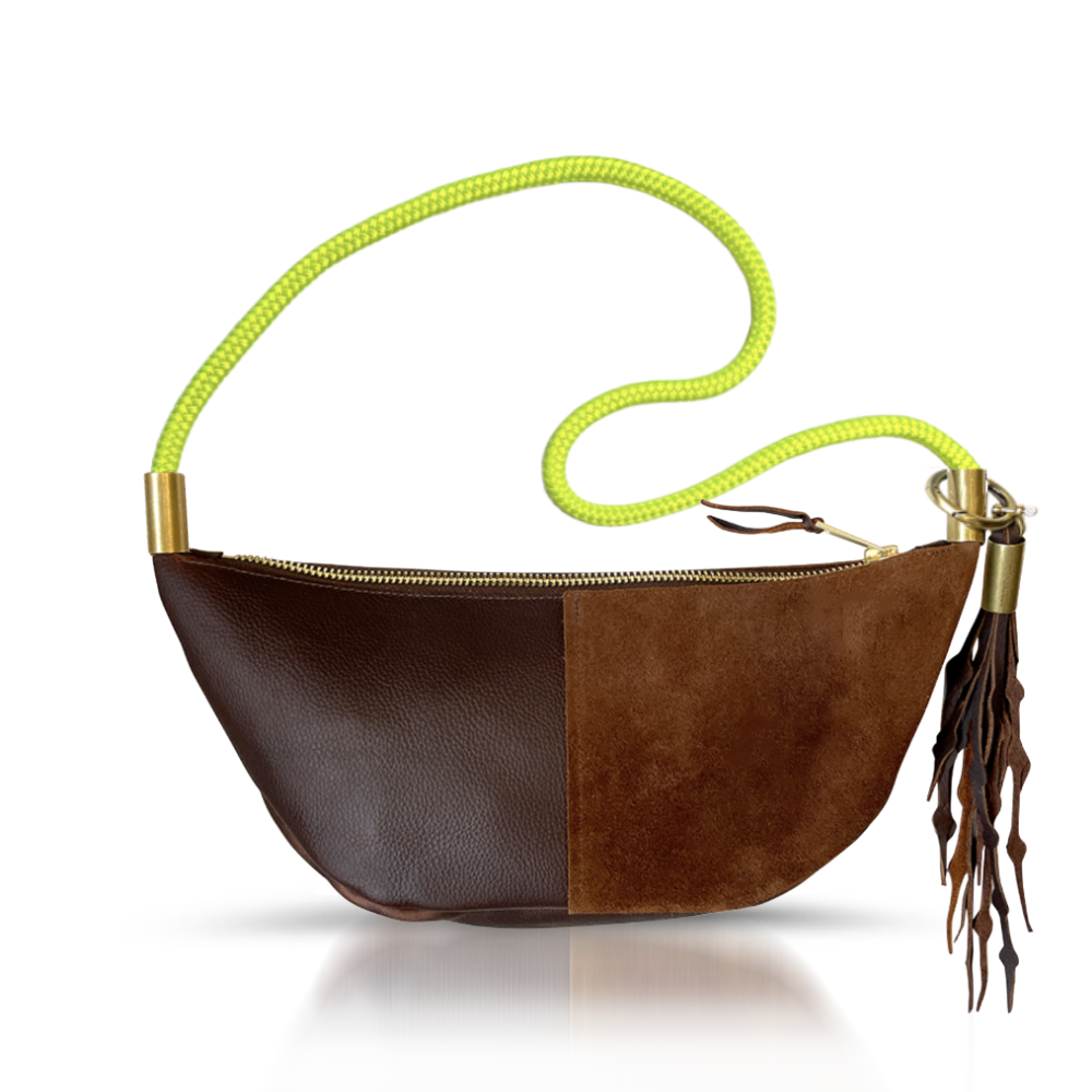 Sling Bag // in Brown Leather Neon Yellow Long Shoulder (35”) Add a Matching Seaweed Tassel (save $10)