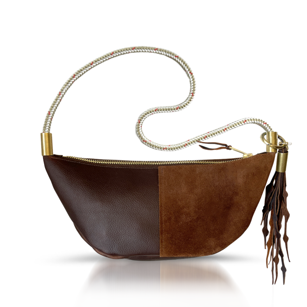 Sling Bag // in Brown Leather Oyster Shell Gold Long Shoulder (35”) Add a Matching Seaweed Tassel (save $10)
