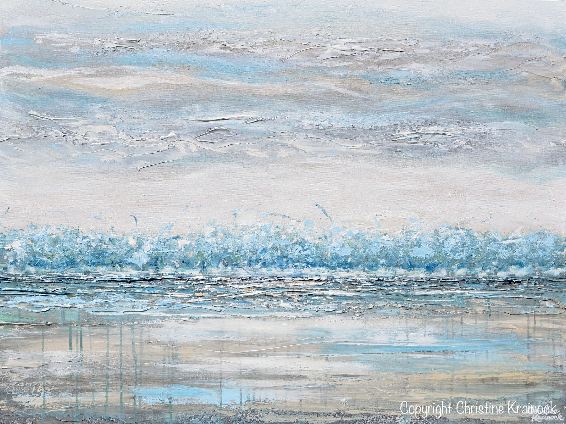 "Peace and Calm" GICLEE PRINT Art Abstract Painting Landscape Teal Blue Aqua Grey Trees LARGE Canvas Wall Art Decor